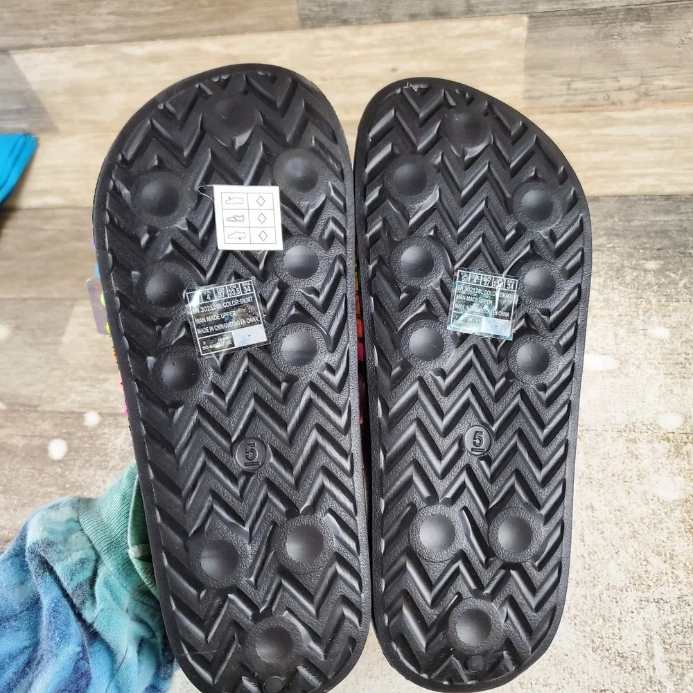 Skechers Girls Rainbow Slides Sandal Sz 5 Black Multi Striped Open Round Toe